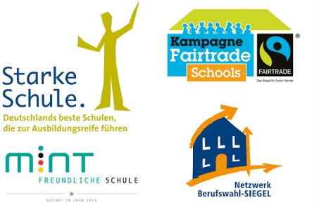 Auf dem Bild sind vier Logos von Auszeichnungen der AFS zu sehen: Starke Schule, Berufswahl-SIEGEL, MINT-freundliche Schule und FairTrade-School